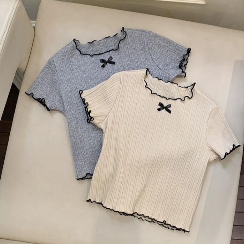1-12Y Girl's Shirts Korean-style Knitted Lace-Trimmed Short-Sleeve Summer Ruched Tops Trendy Breathable Bow Tie Versatile Tee