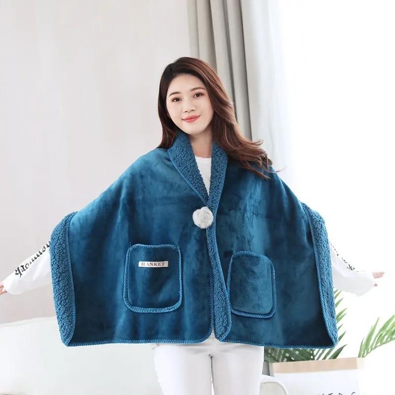 Autumn  Winter Multi Functional Shawl Blanket Office Nap Blanket Thick Flannel Lamb Wool Blanket Knee Blanket Fur Ball Pocket Mantle Shawl