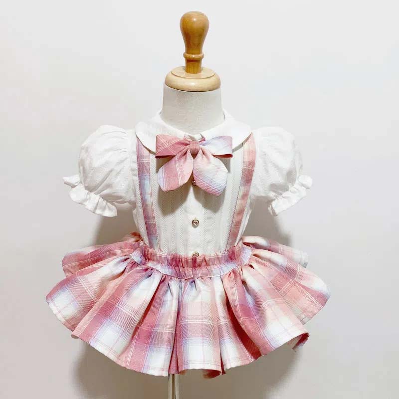

Униформа Jk для девочек, комплект из трех предметов: рубашка + юбка + бант. Костюм с юбкой в ​​консервативном стиле для маленьких девочек. Милая крутая ветровая рубашка с пышными рукавами. Клетчатая юбка JK. Студенческий стиль. 80 розовый