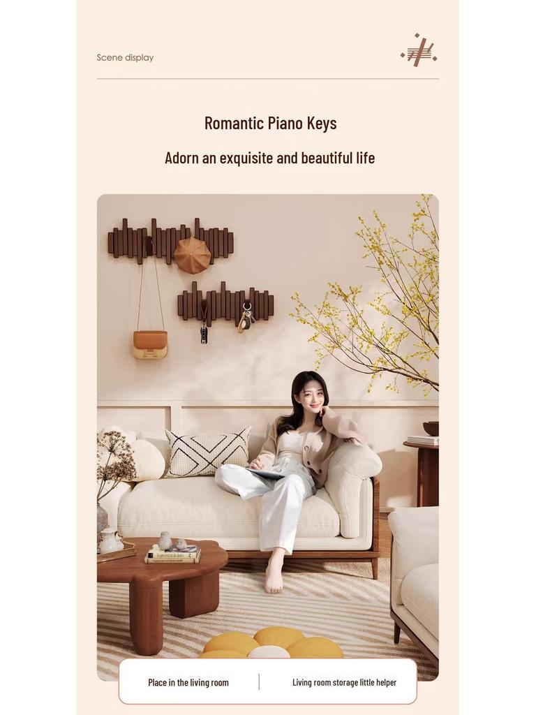 Solid Wood Coat Rack with Piano Key Hooks – Adhesive, No-Punch Design for Wall or Door