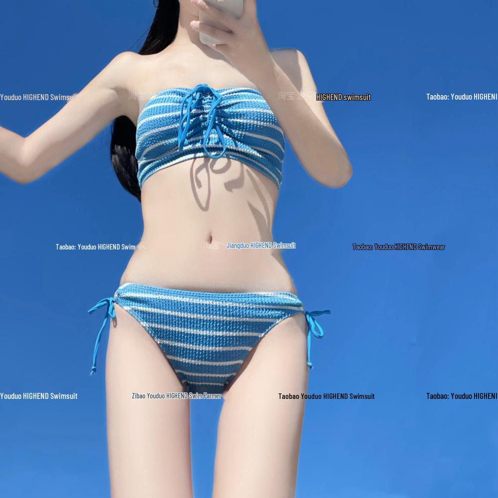 

Корейский праздничный раздельный купальник-шорты: Стройнящий купальник с завязками в сине-белую полоску в морском стиле XL