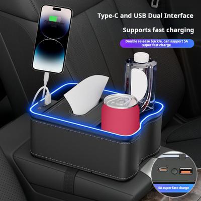 Aufbewahrungsbox für die Armlehne des Autos mit Ladeanschlüssen, Design mit multifunktionalen LED-Leuchten, große Kapazität, Organizer für die Autokonsole, Taschentuchbox, Aufbewahrungskoffer