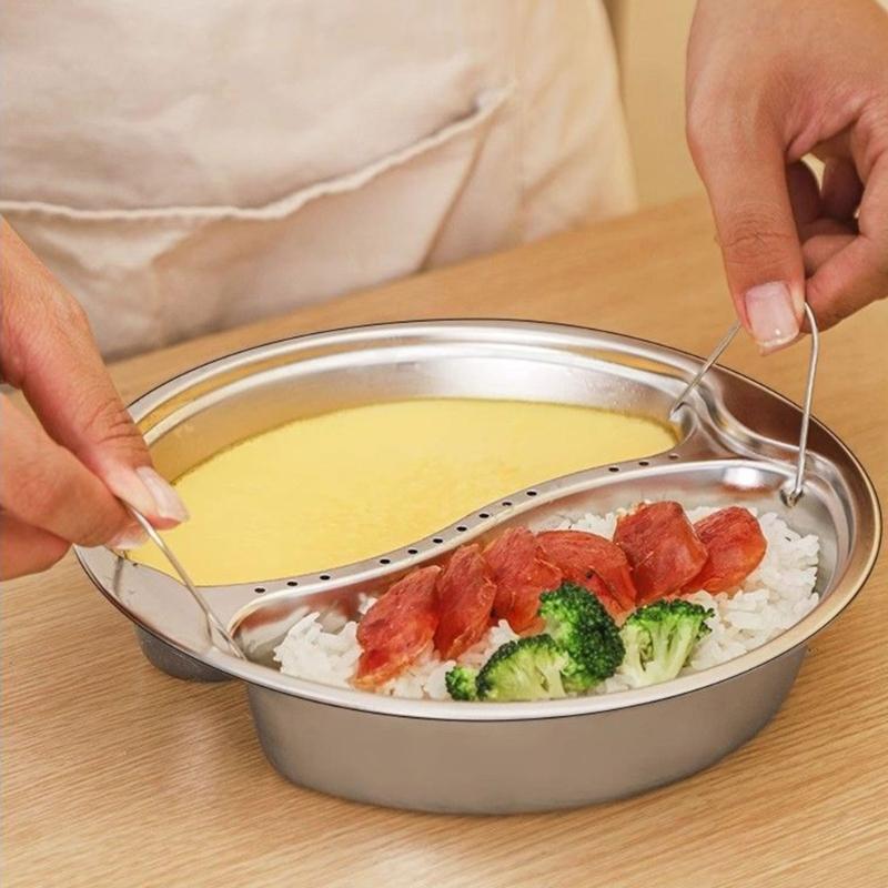 Sectioned Steam Tray Round Metal Insert with Wire Grip Handles for Soup Pot Service and Daily Family Table Tasks