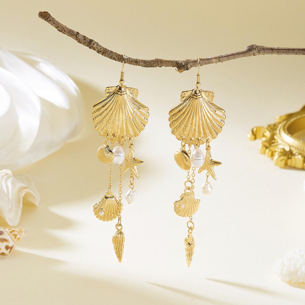 Metal Scallop Long Tassel Earrings for Women Starfish Conch Shell Imitation Pearl Drop Earrings Simple Summer Vacation Jewelry