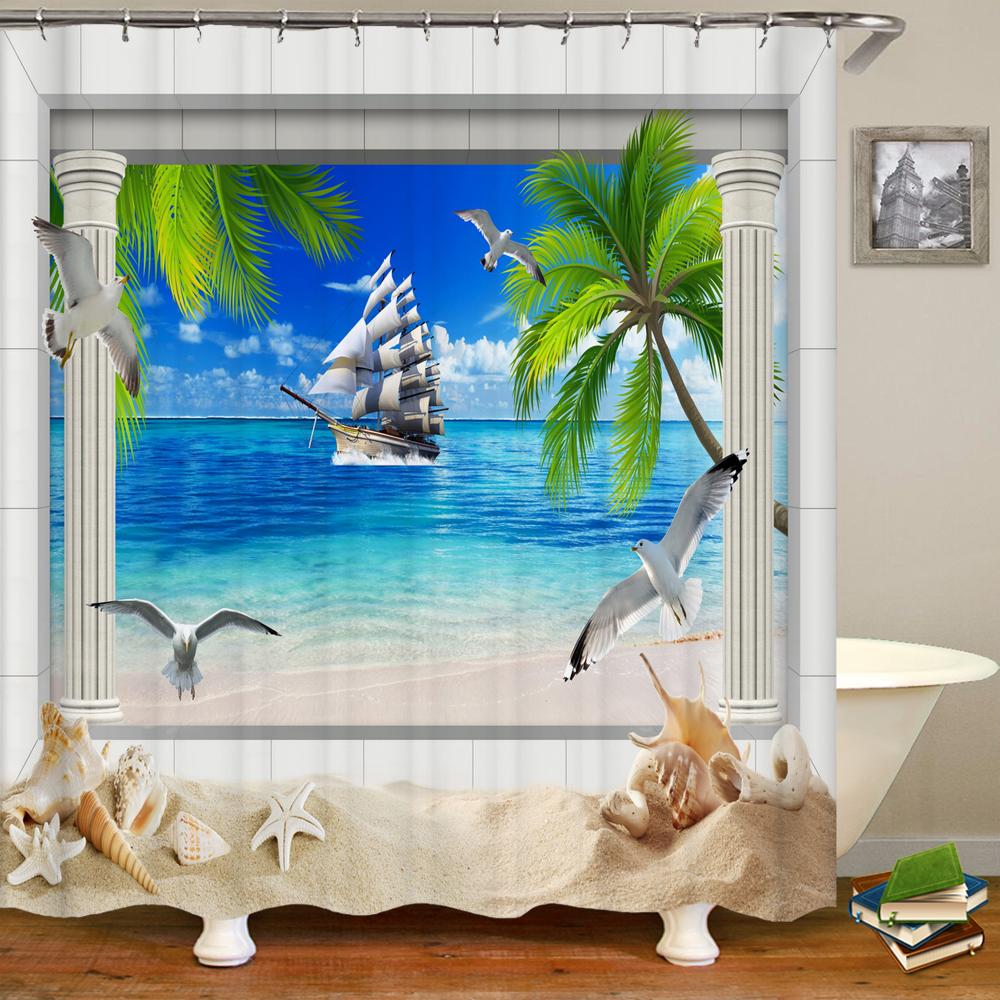 Nature Landscape Shower Curtain 3D Dolphin Shell Beach Scenery Bathroom Curtain Home Decor Waterproof Polyester Bath Accessories