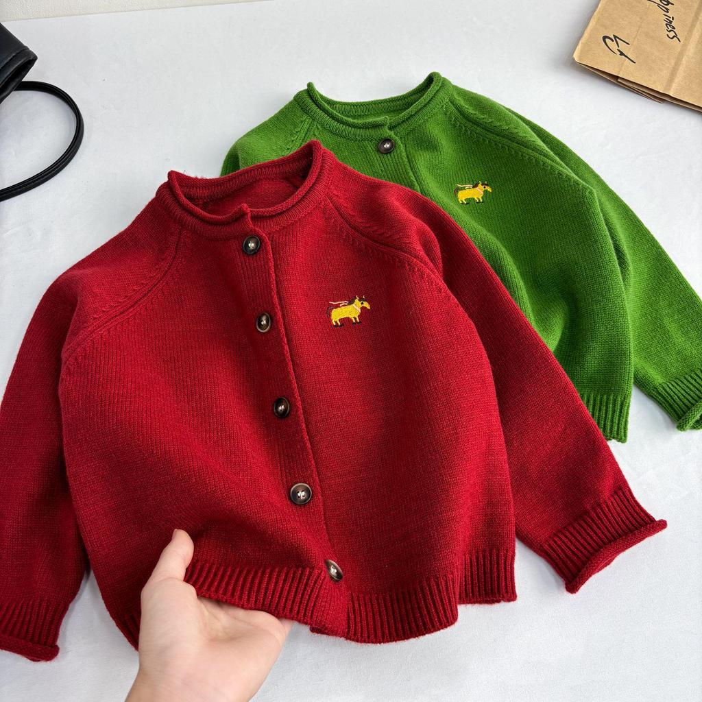 2025 Christmas Red Year of the Horse Unisex Kid's Knit Cardigan: Stylish Winter Outerwear