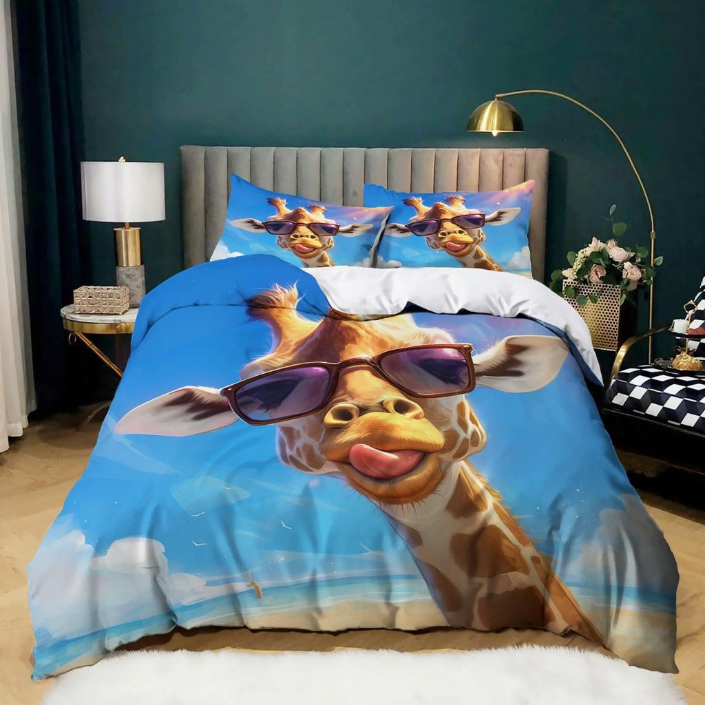 Animal Giraffe Printed Double Duvet Cover Set 2Pcs With Zipper Cartoon Animals Soft Microfiber Single Quilt Cover Bedding Sets