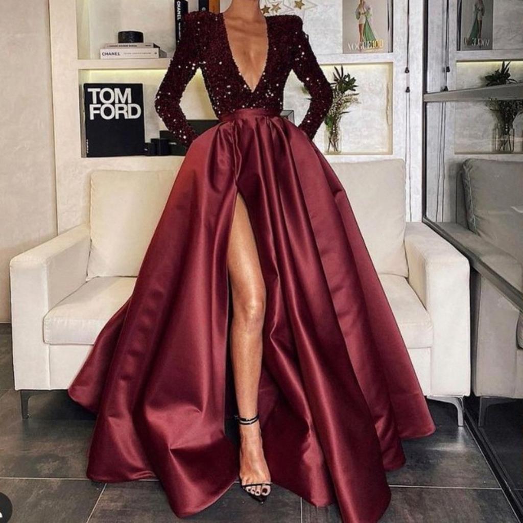 Nuovo Abito Lungo Maxi da Donna Europeo Americano con Paillettes Sexy a Strascico Abito da Sera per Feste Banchetto