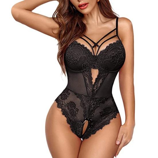 Women's Sheer Mesh Lace Bodysuit One-Piece V Neck Nightwear Camisole See Through Underwear Sexy Date Night Clubwear