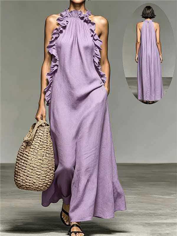 Maxi Abito Europeo Ruffle con Scollo all'americana Senza Maniche - Estivo Slim Fit per Donna