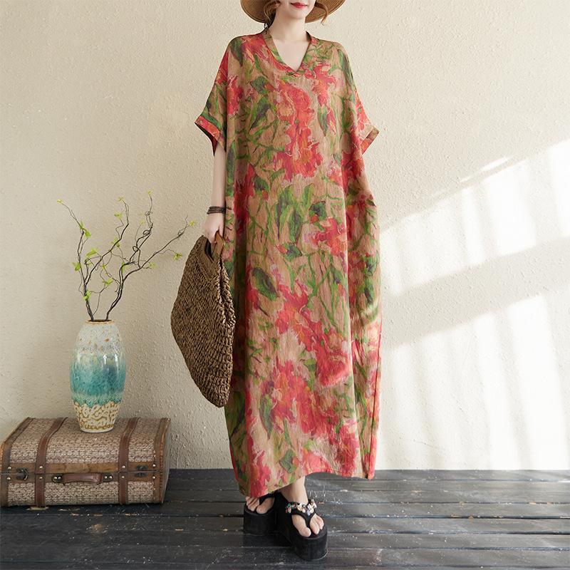 

Летнее платье в стиле отпуска свободного покроя с V-образным вырезом и короткими рукавами в стиле ретро средней длины one size