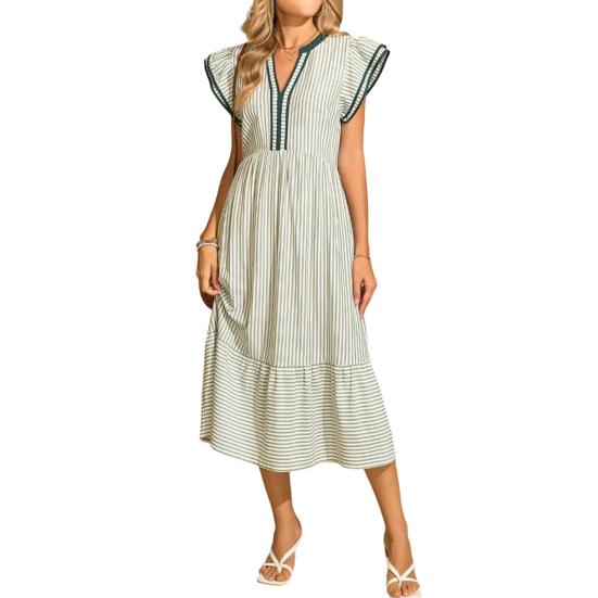 

Women s Striped Midi Dress Ruffle Cap Sleeve V Neck Swing Long Dress Summer Beach Vacation Flowy Sundress XL зелёный