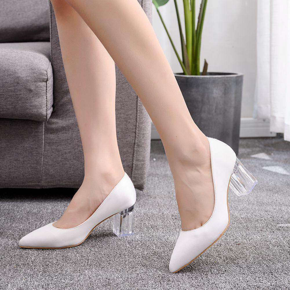 Crystal Square Heel Transparent Heel Pointed Toe Shoes Dance Party Bridal Dress Shoes Satin Silk Dress Long Skirt Shoes