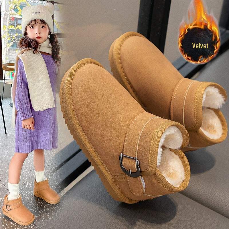 Kids' Suede Snow Boots - Mid-Calf, Warm, Anti-Slip, Soft Sole, All Seasons, Flat Bottom for Girls