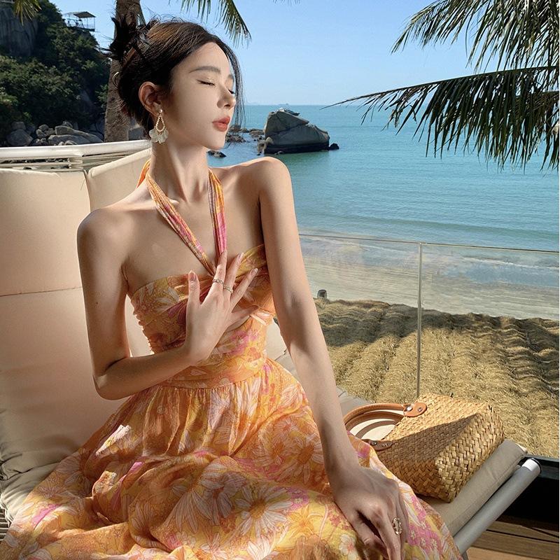 Damen Sommer Strand Urlaub Bedrucktes Chiffon Rückenfreies Neckholderkleid