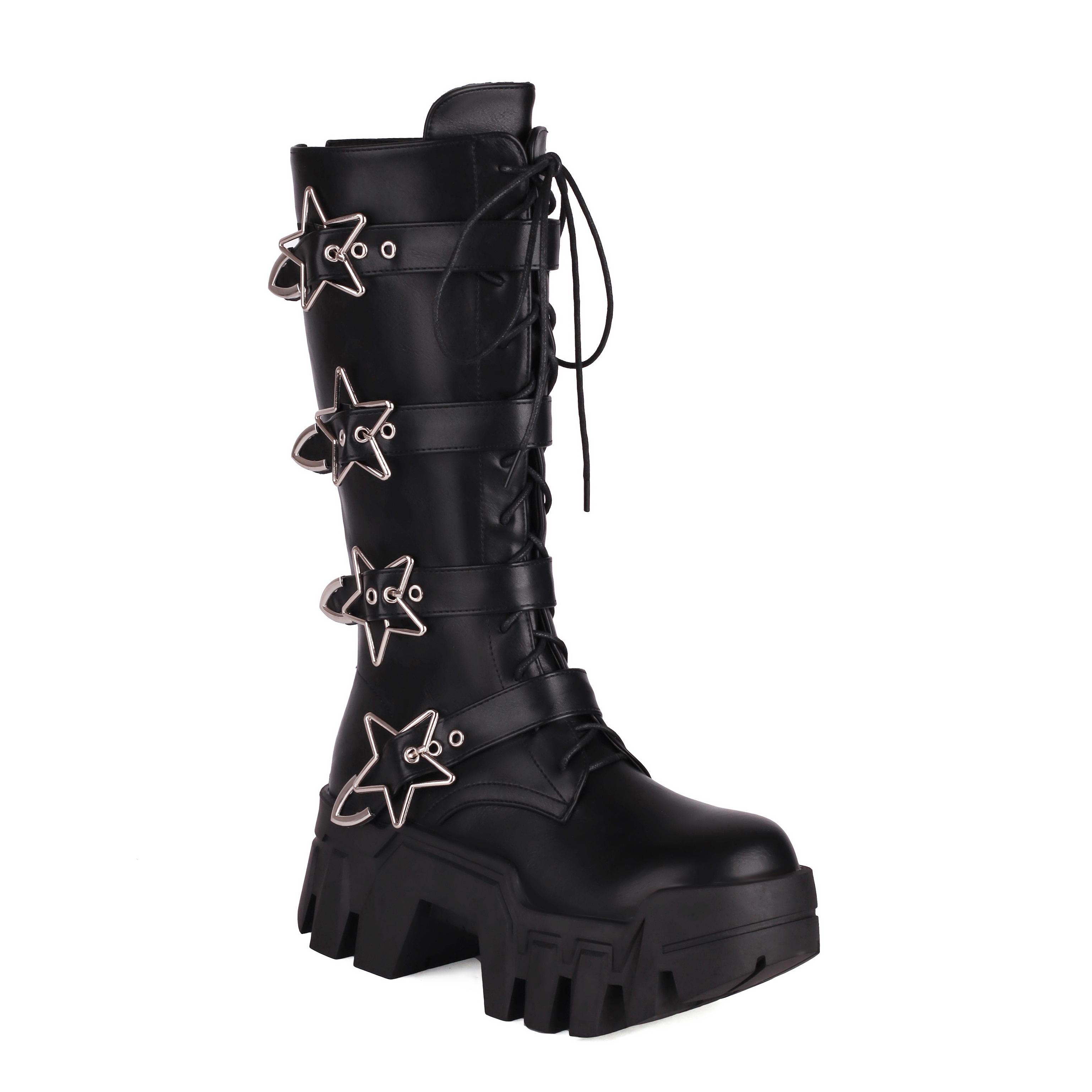 

Женские панк ботинки на высокой платформе, мотоботы до середины икры, готические черные массивные танкетки, звезды, тяжелая обувь для тихой дискотеки 11