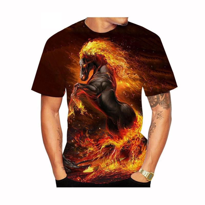 Summer Round Neck 3D Horse Pattern Print Top Fashionable Casual Short Sleeved Men's T-shirts