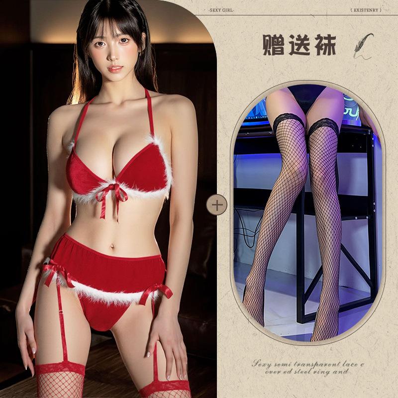 Sexy lingerie sexy christmas red gift seduction plush butterfly three-point garter