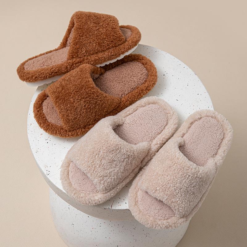 Solid color open cotton slippers ins fluffy slippers basic home plush slippers
