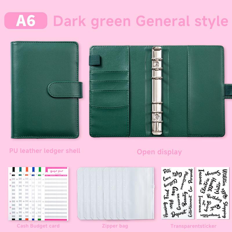 A6 PU Leather Six-Ring Loose-Leaf Binder with Zipper Pockets and Planner