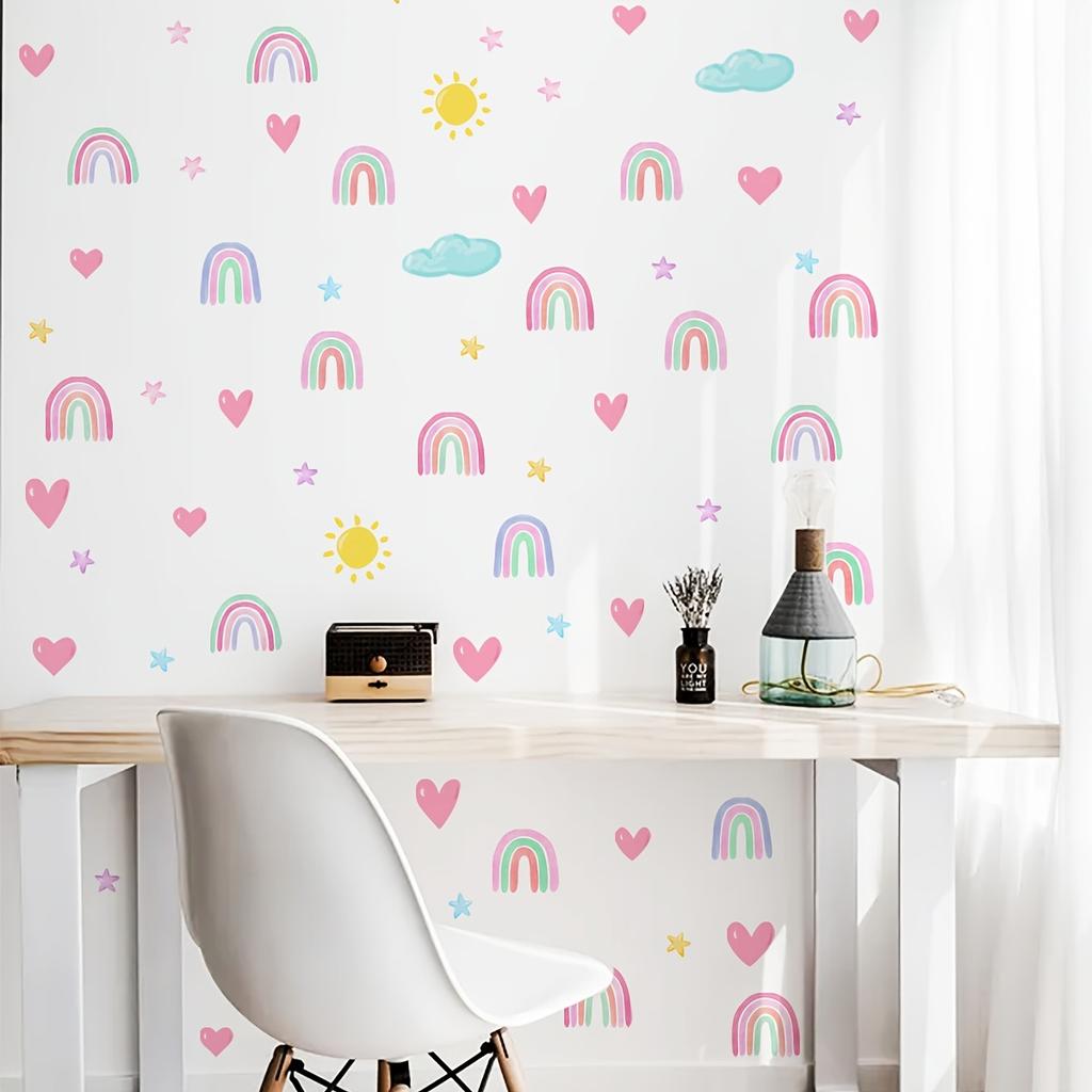 4 Sheets/set Bohemian Rainbow Wall Stickers, Watercolor Rainbow Heart Sun Star Wall Decals, Bedroom Wall Decor