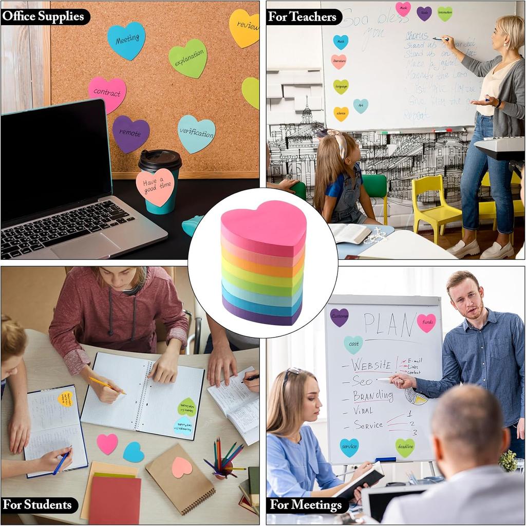 Heart Sticky Notes 8 Colors 100 Sheets/Pad, 800 Sheets Colorful Self-Stick Note Pads Stationary Cute Desk Accessories Office School Teacher Supplies