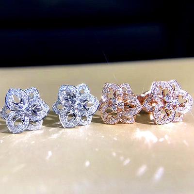 Cao Shi Exclusive Flower Zircon Earrings: Sweet Celebrity Style with Exquisite Copper Detail