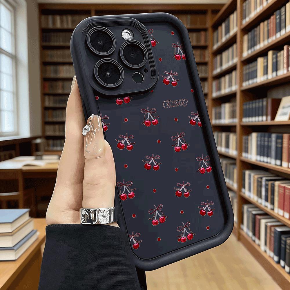 Cherry with Bow and Polka Dots Soft TPU Phone Case for iPhone 17 16 15 14 13 12 11 Pro Max Plus Shockproof Anti-Slip Cover