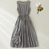 Plaid Cotton and Linen Vest Skirt Women's 2025 Summer New Loose Lace-up Waist Round Neck Sleeveless Dress