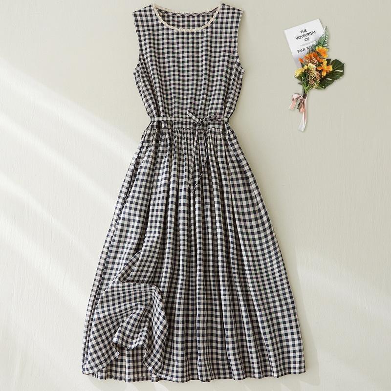 Plaid Cotton and Linen Vest Skirt Women's 2025 Summer New Loose Lace-up Waist Round Neck Sleeveless Dress