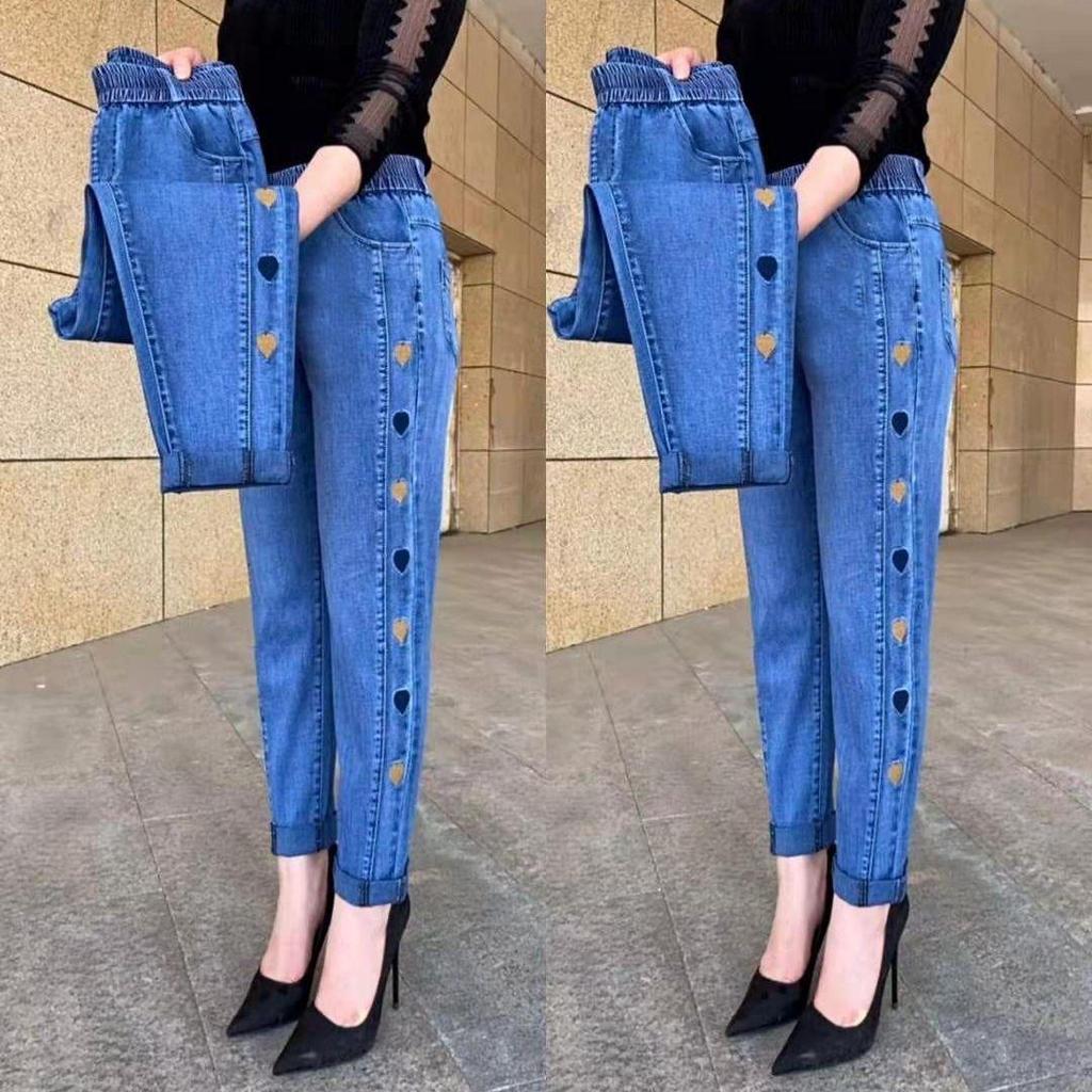 Trendy High-Waisted Elastic Denim Harem Pants for Middle-Aged & Elderly Mothers - Lightweight Spring/Summer Style