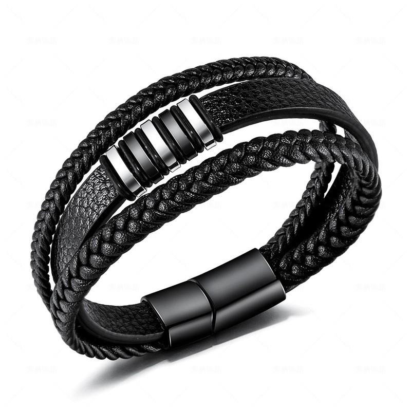 Mens Handwoven Leather Stainless Steel Bracelet Vintage Hip Hop Style Adjustable Length