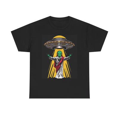 Alien Jesus Grafik T-Shirt Herren Damen T-Shirts Top Lustiges Raumschiff Unisex Schwerer Baumwoll-T-Shirt