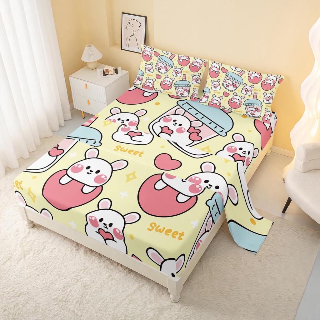 Cartoon Space Bunny Pattern Bed Hat Four-Piece Bedding Set Bedroom Dormitory Bedding Decoration