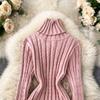 Autumn and Winter New Retro Twist Knitted Warm High-neck Elastic Slim Hip Dress Women