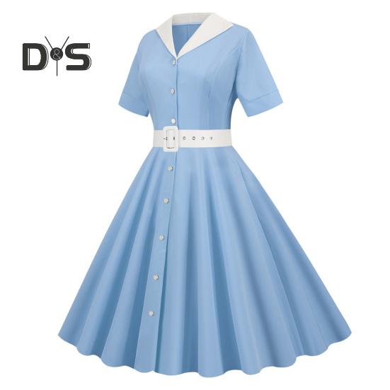 Damekjole V-hals Revers Enkeltspent med Belte A-linje Stort Sving Skreddersydd Høy midje Ensfarget Retro Kortermet Prinsessestil Dame Midikjole