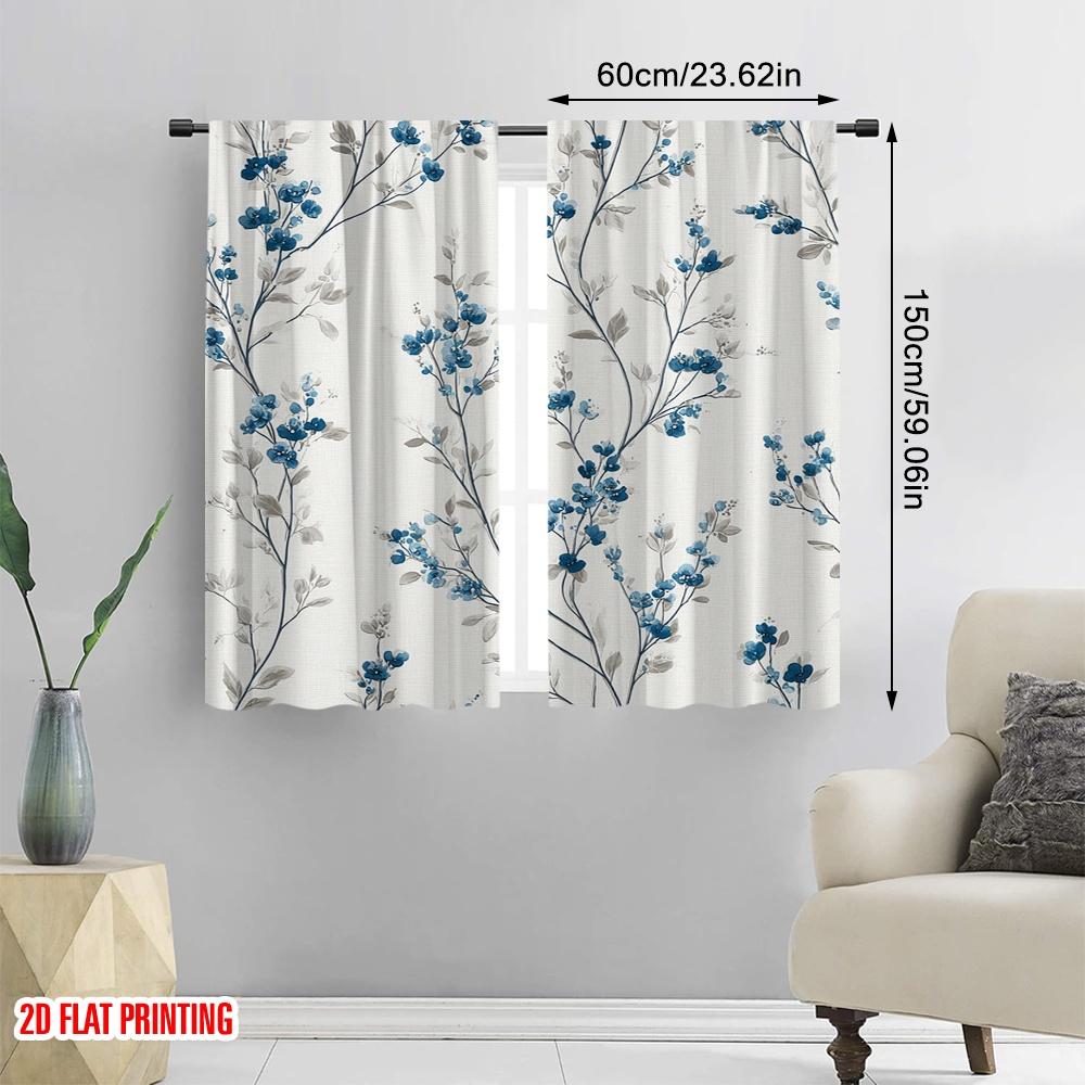 2D flat printing 2pcs Curtains Blue floral vine wallpaper 100% Polyester Fabric Without Electricity 0 for Indoor Celebrations