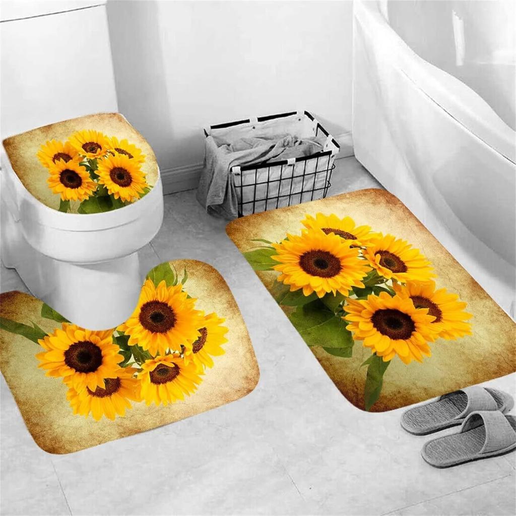 Five Sunflowers Bathroom 4 Piece Set Shower Curtain Bath Mat Curtain Toilet Lid Mat Toilet Pedal