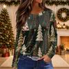 Women's Christmas Print Long Sleeve Top with Round Neck and Side Slit