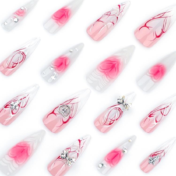 Long Stilettos Almond Press on Nail Bows Rhinestones Glues on Nail French Fake Nail Designs False Nail Artificial Nail