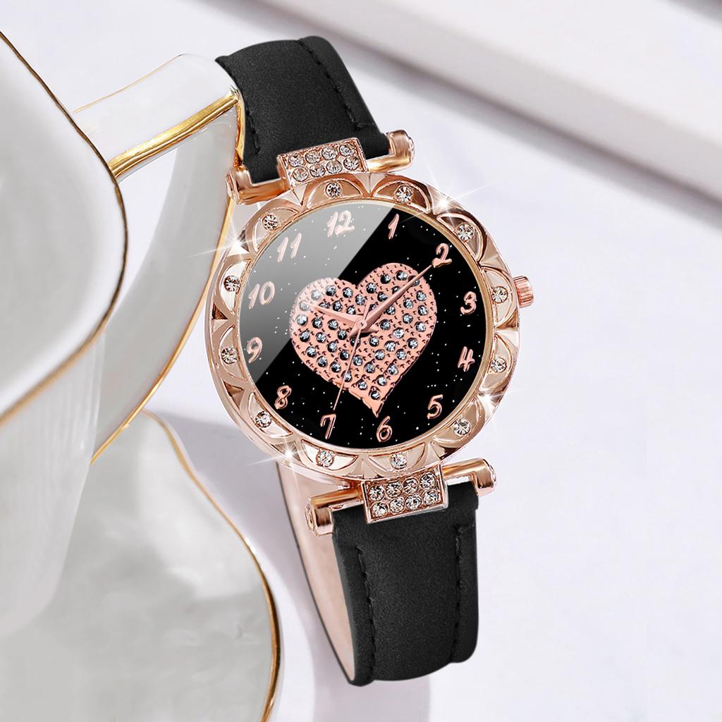 6PCs/Set Fashion Women's Watch Leather Strap Quartz Watch with Love Bracelet Set