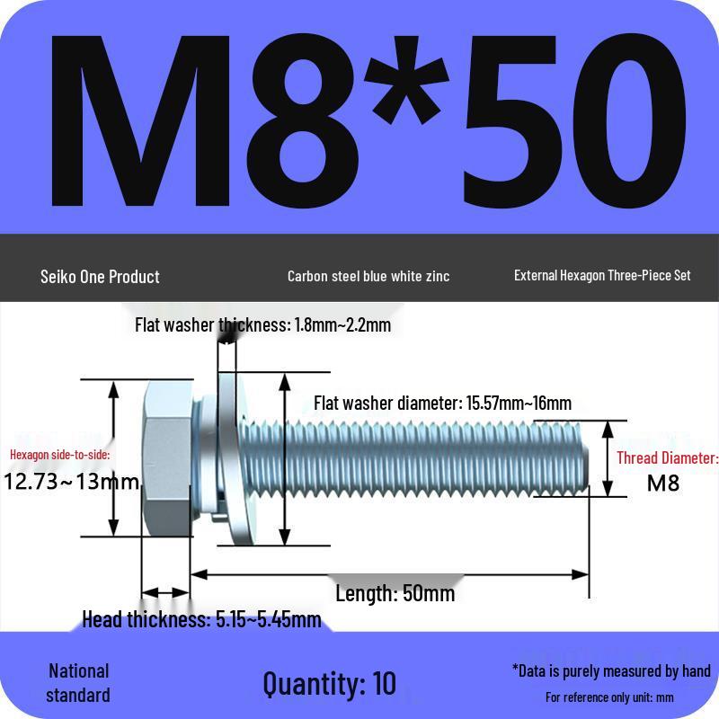 Grade 8.8 Galvanized Hex Bolt Set: Includes Hex Bolt, Spring Washer, Flat Washer (Sizes: M4, M5, M6, M8, M10, M12)