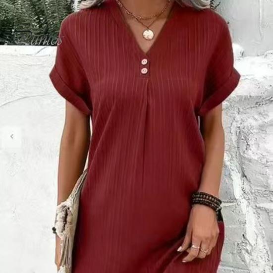 Summer Women Dress V Neck Button Short Sleeves Loose Solid Color Pullover Casual Daily Wear Dating Mini Dress