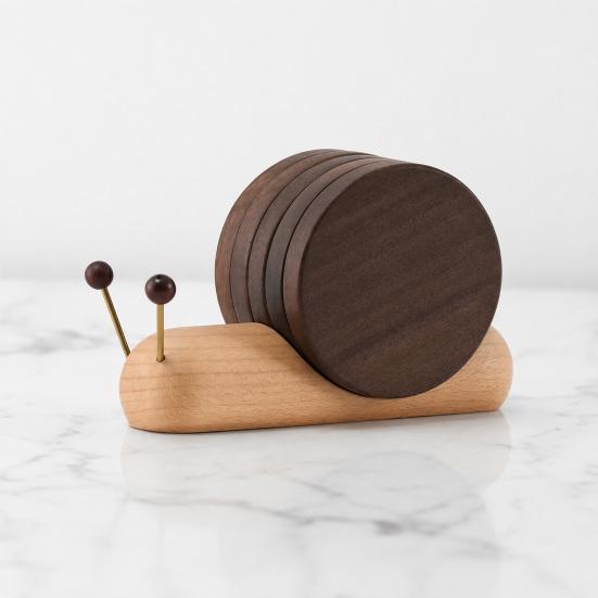 5Pcs Snail Wooden Coaster Set, Creative Heat Insulation Mat for Desk, Magnetic Cup Mat for Hot Drinks, Decorative Trivet for Kitchen