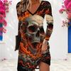 Women Plus Size V Neck Long Sleeve Cat Printed Grey Checkerboard A Line Dress