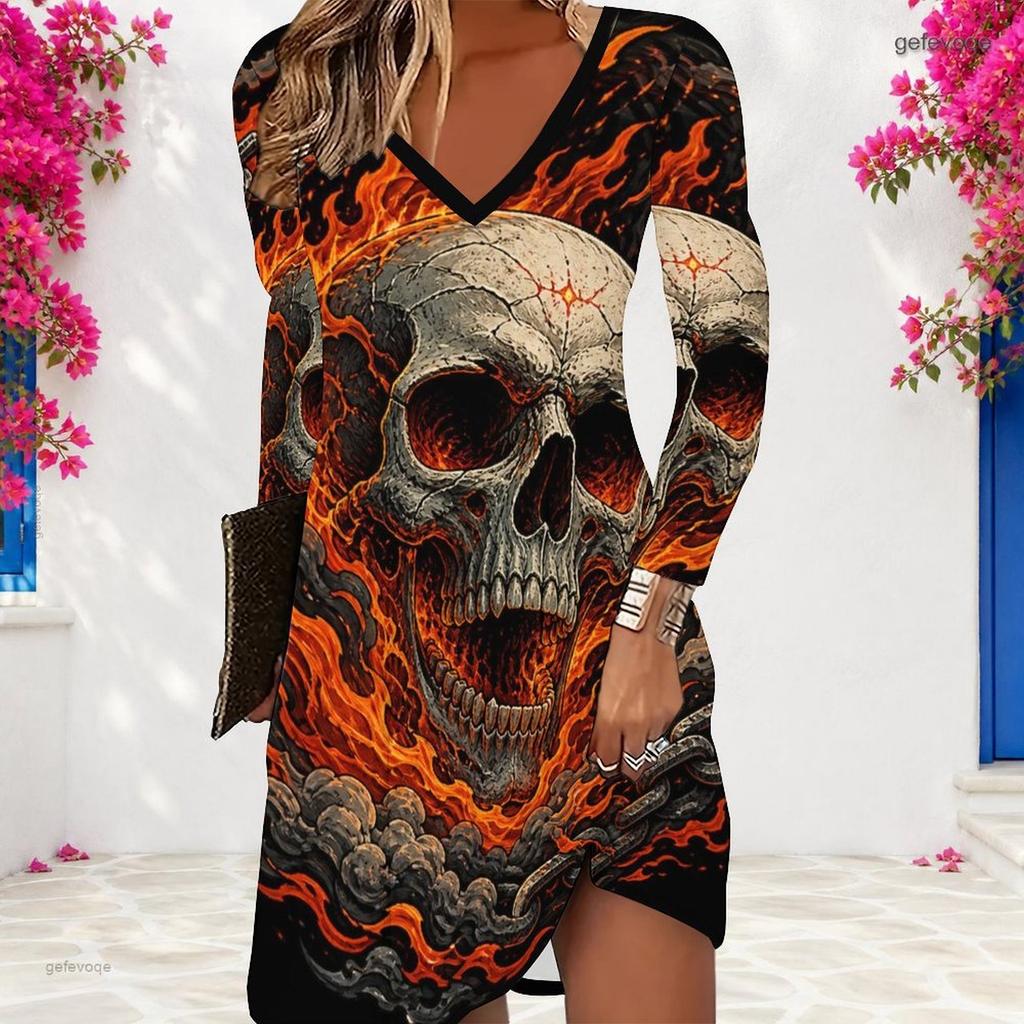 Women Plus Size V Neck Long Sleeve Cat Printed Grey Checkerboard A Line Dress