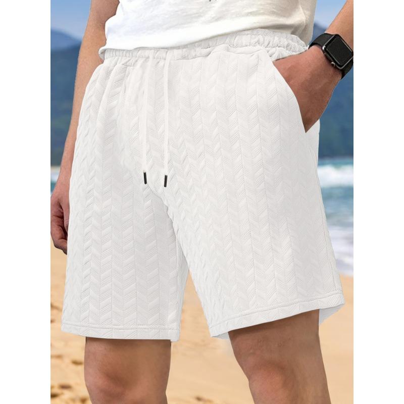 Summer Loose Solid Color Shorts Jacquard Fabric Tied Rope Men's Casual Shorts Beach Pants