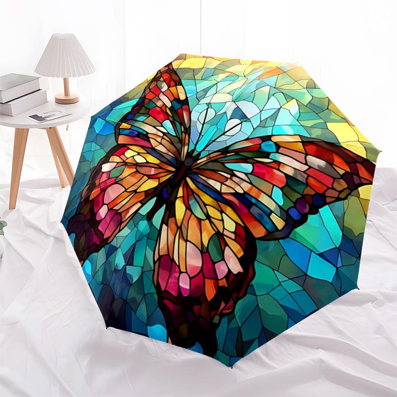 1pc Butterfly StainedGlass Automatic Open/Close Umbrella with Folding feature Compact Travel Umbrella, Lightweight design, for Commuting, Business042