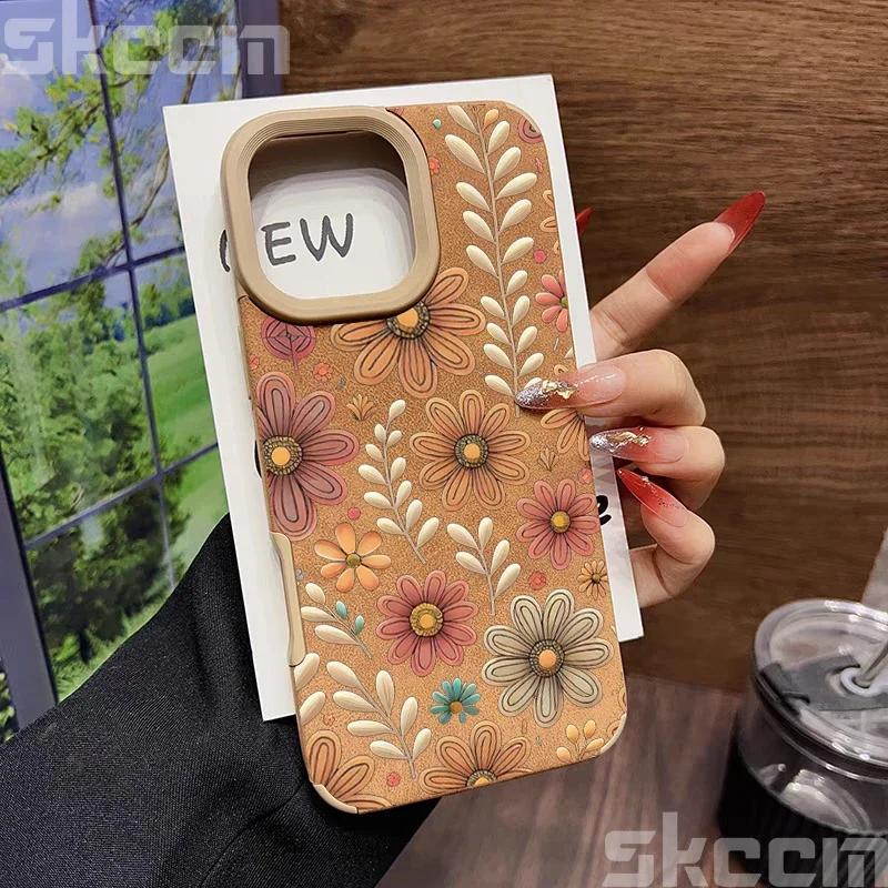 Line Flower Sunflower Bonded Leather Phone Case For iPhone 16 15 14 13 12 11 Pro XS Max XR X 15 Plus 16 Pro Max Matte Back Cover