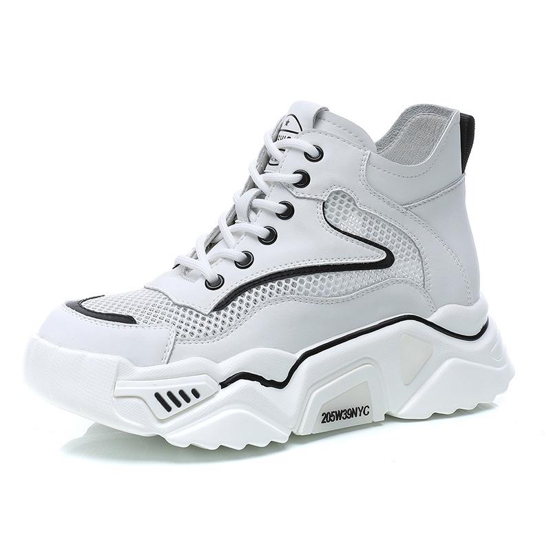 2026 summer thickness increase breathable mesh leather ins high-top casual dad shoes women hollow mesh
